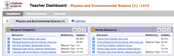 Hapara Dashboard: screenshot well after the project has finished, but you get the idea. Green = Bio, Orange = Chem. 